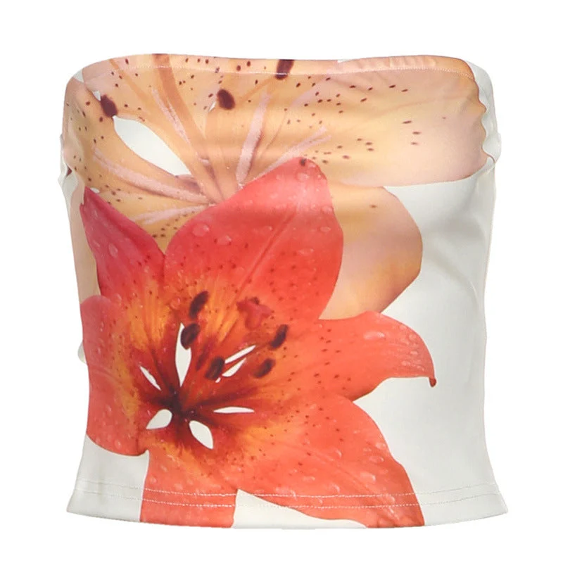 Contrasterende tubetop met bloemenprint en open rug