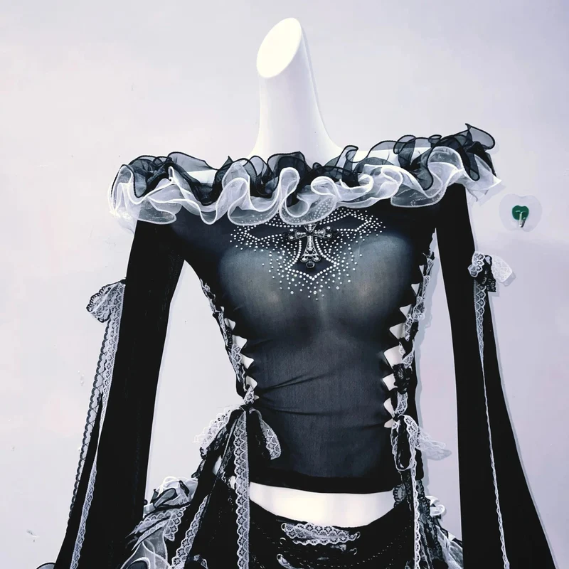 Fairycore ruffle hollow out off shoulder top