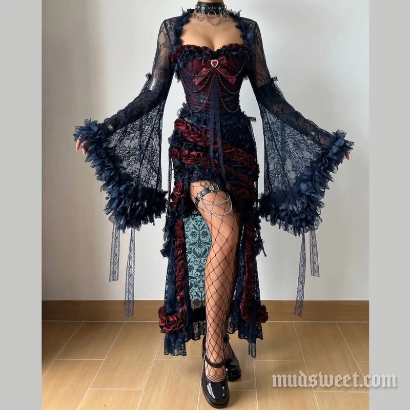 Set van maxi-rok met lange mouwen en strikbloemapplicatie