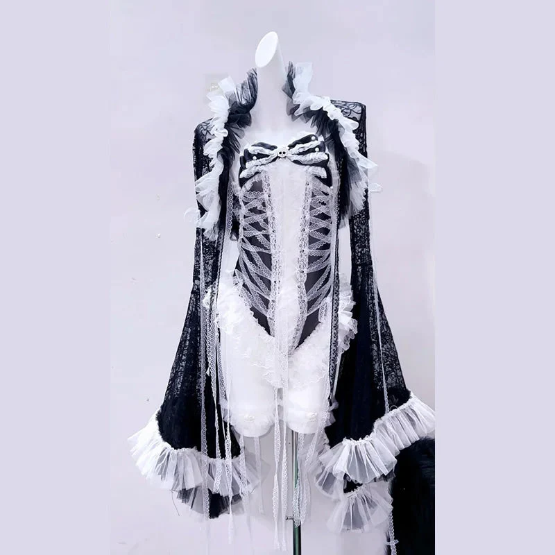 Fairycore bodysuit met ruches en kanten strik