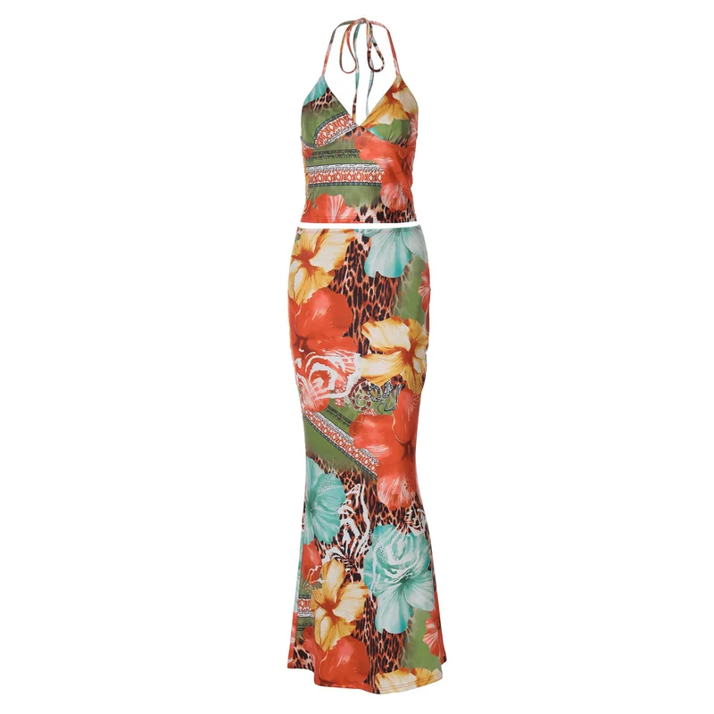 Set van maxi-rok met V-hals en zelfstrikkende halter en bloemenprint