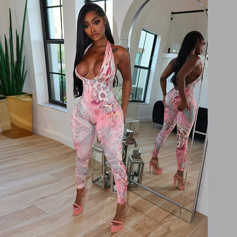 Gotische jumpsuit met luipaardprint en halternek