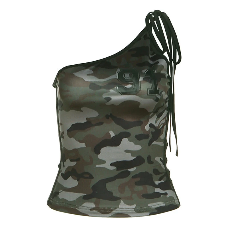 Onregelmatige camouflagetop met één schouder en zelfstrik
