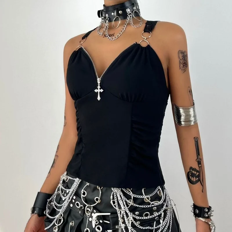 Fairycore ruched v neck o ring top
