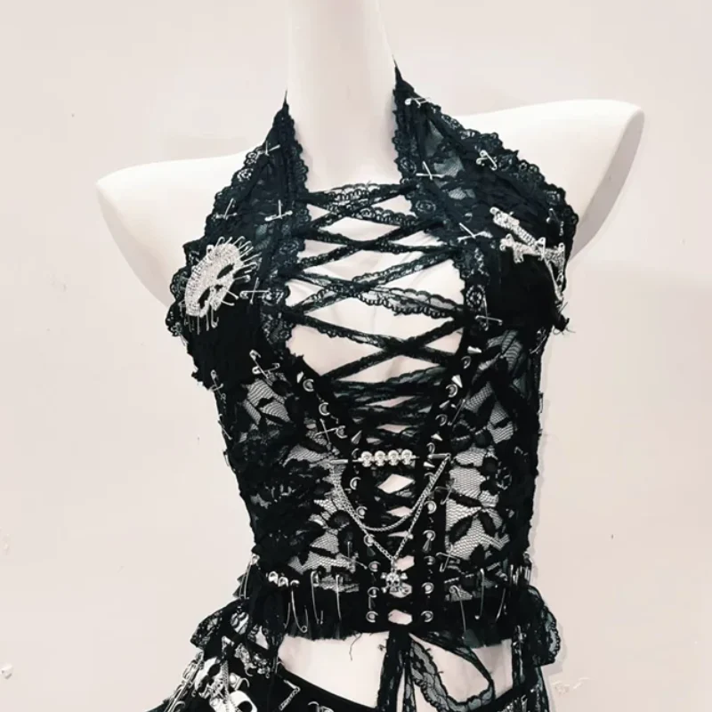 Fairycore hollow out skull applique top