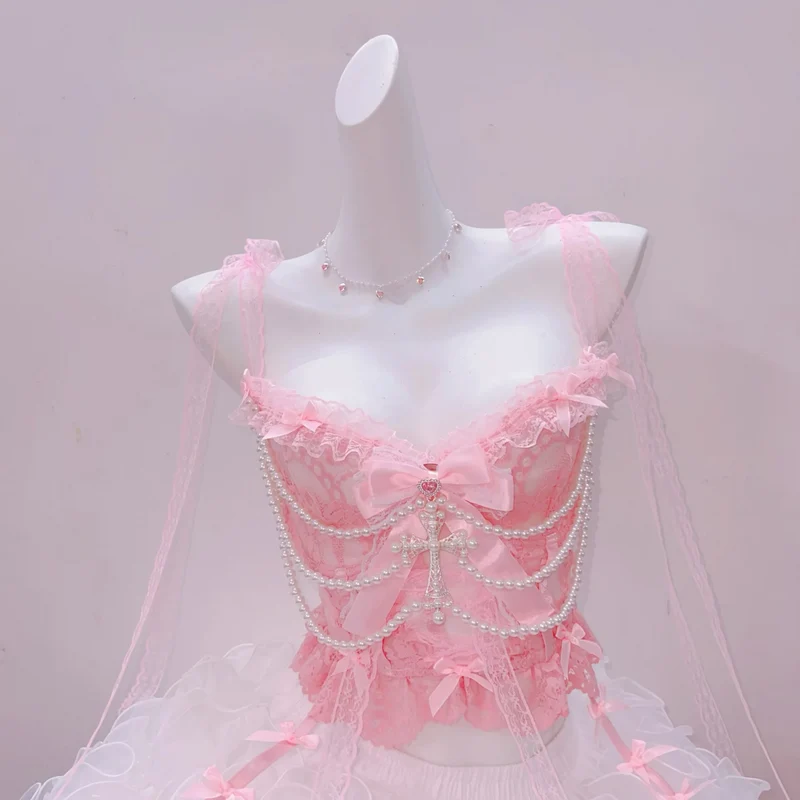 Fairycore bowknot lace hem beaded cami top