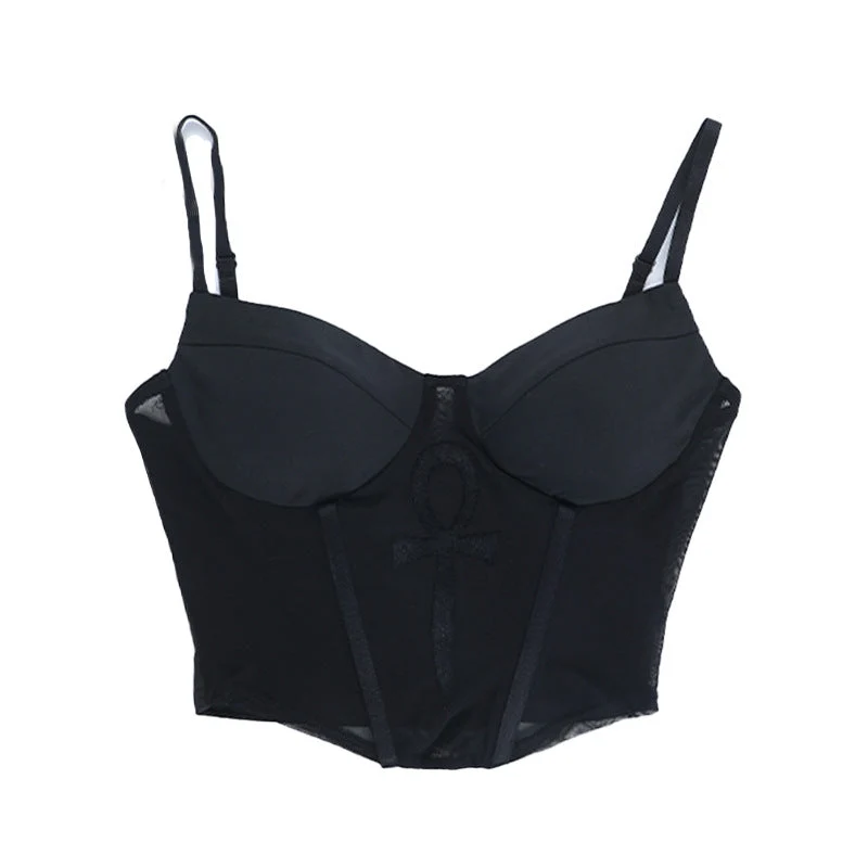 Gotische cami top met V-hals en open rug, met kruispatroon