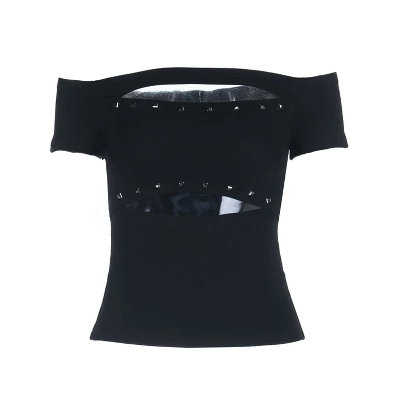 Y2K opengewerkte off-shoulder top met kralen