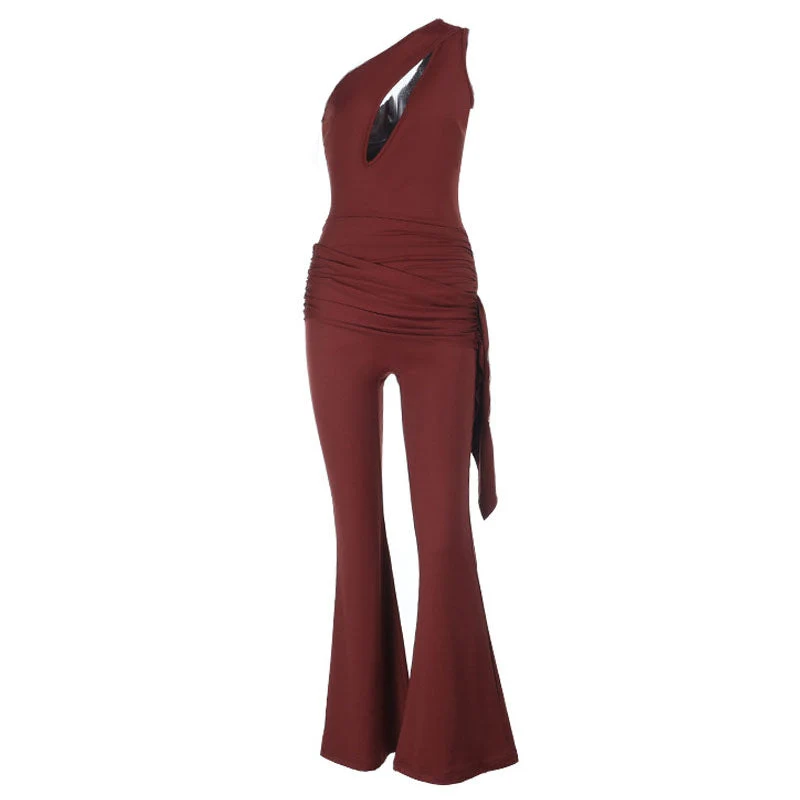 Gotische jumpsuit met open details en plooien aan één schouder