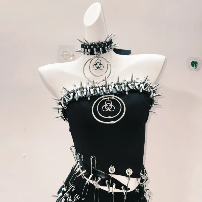 Goth rivet o ring skull applique tube top