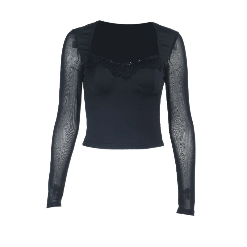 Fairycore mesh top met lange mouwen en kanten zoom