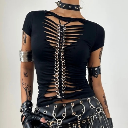 Grunge hollow out round neck short sleeve top