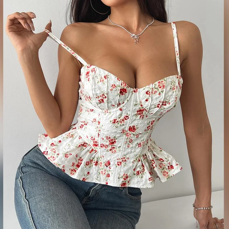 Fairycore cami top met V-hals en vetersluiting en bloemenprint