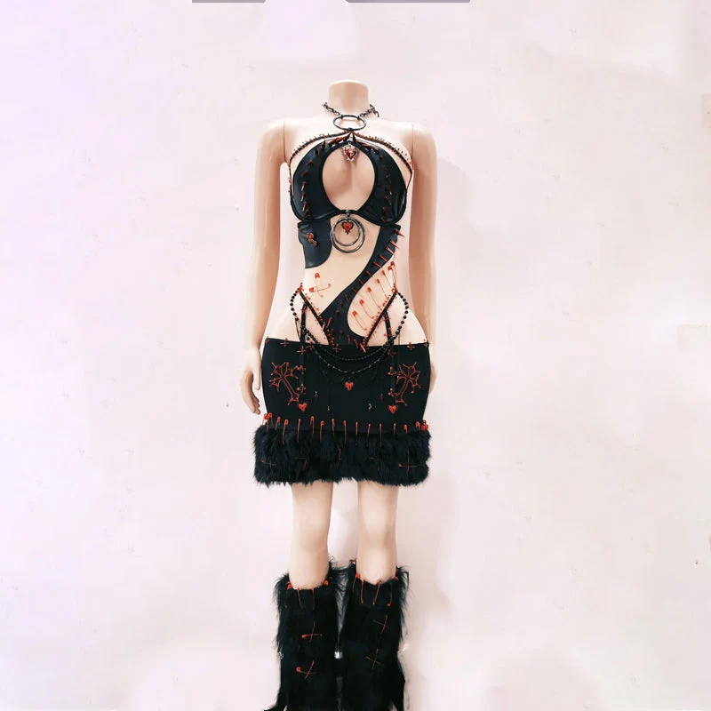 Goth halter hollow out beaded mini skirt set