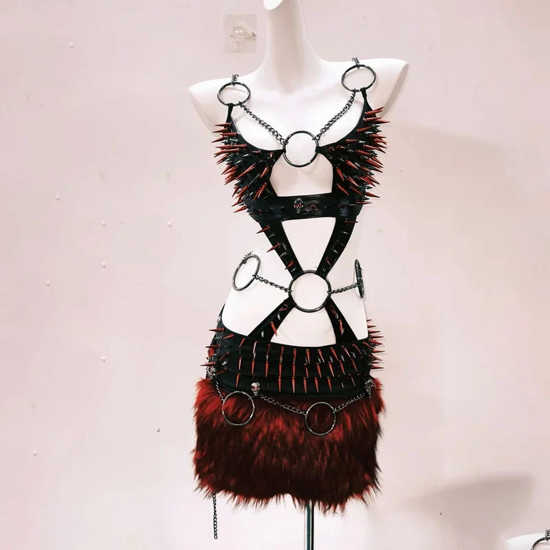 Goth rivet o ring hollow out mini skirt set