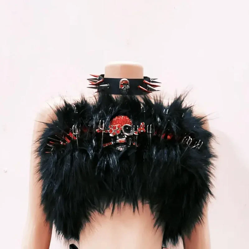 Goth skull applique fluffy rivet top