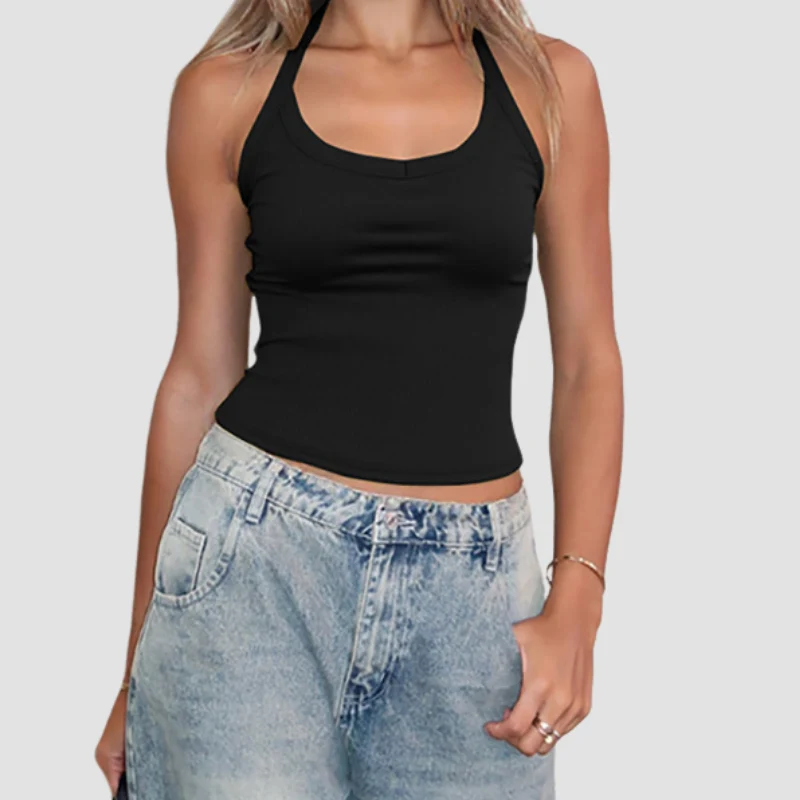Grunge haltertop met open rug en U-hals, effen kleur