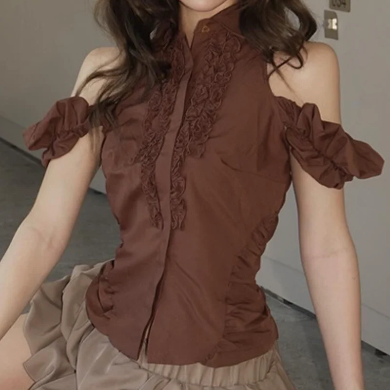 Fairycore off-shoulder top met ruches en knoopjes