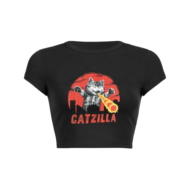 Catzilla vuurspuwende kat grafische crop top baby T-shirt