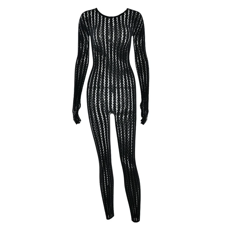 Gotische jumpsuit met lange mouwen en ronde hals, handschoenen