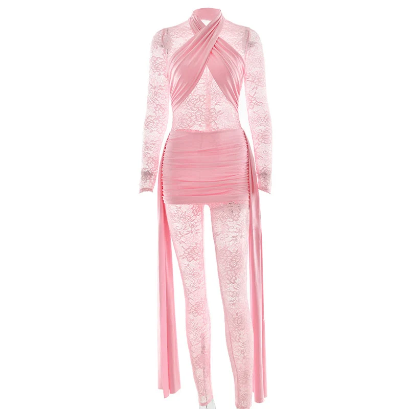 Jumpsuit met lange mouwen en gerimpeld kant en patchwork