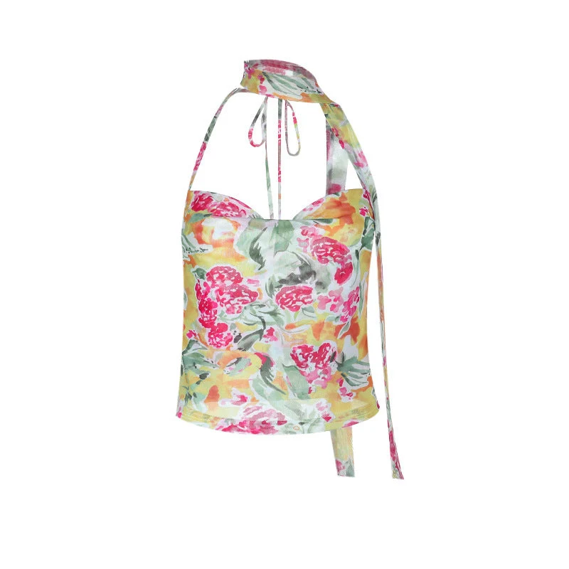 Haltertop met zelfstrikkende col en mesh print