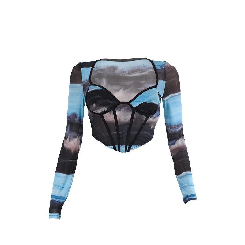 Gotische bustiertop met lange mouwen, V-hals en mesh-look.