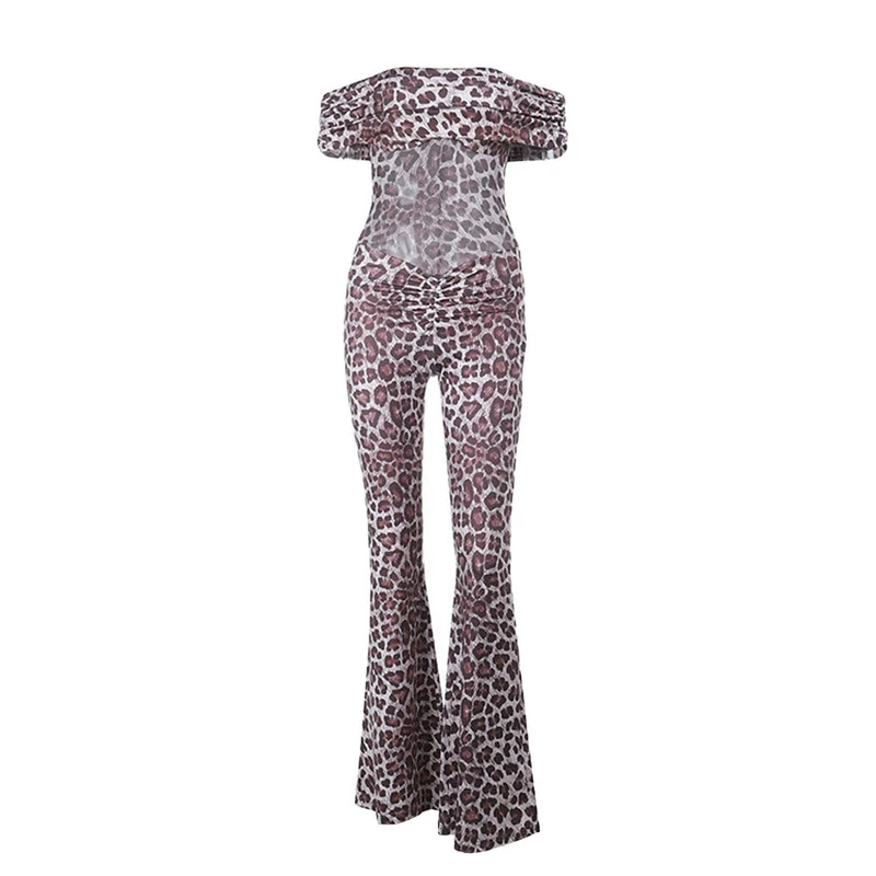 Luipaardprint off-shoulder jumpsuit met gerimpelde zoom