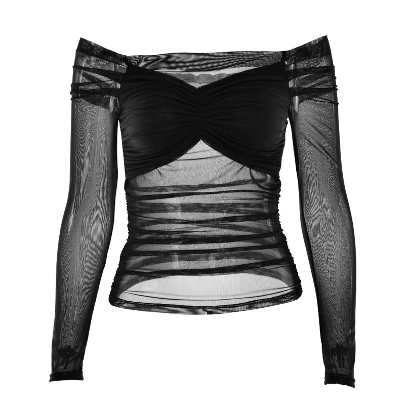 Gotische off-shoulder top van mesh patchwork met plooien.