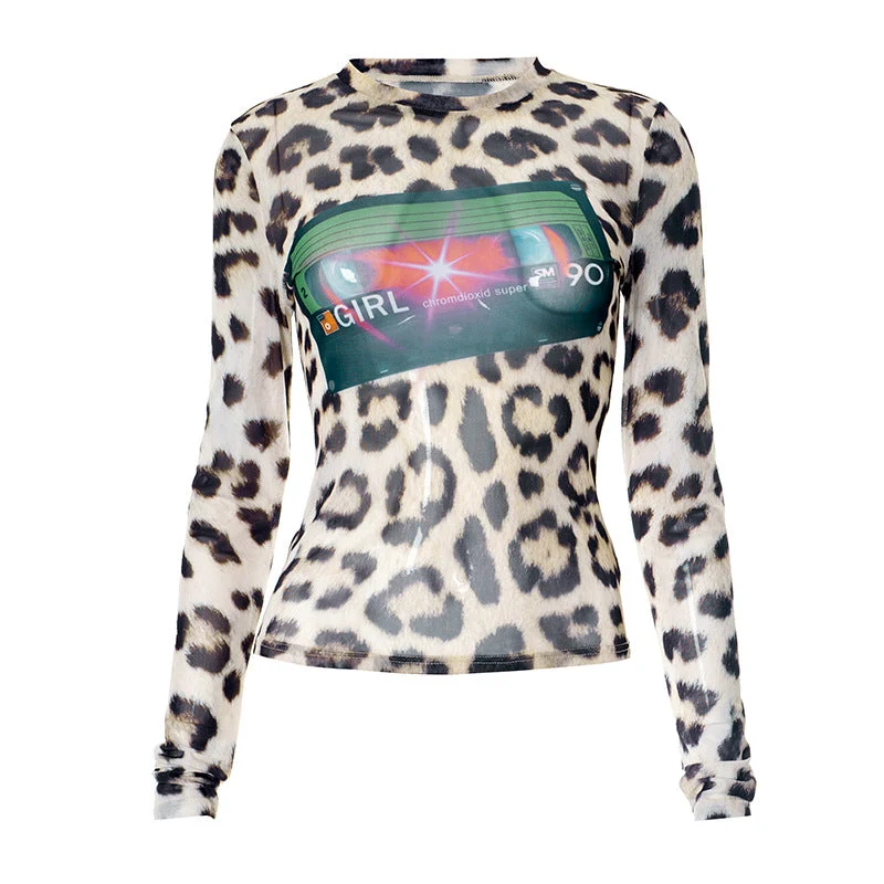 Top met lange mouwen en mesh met luipaardprint