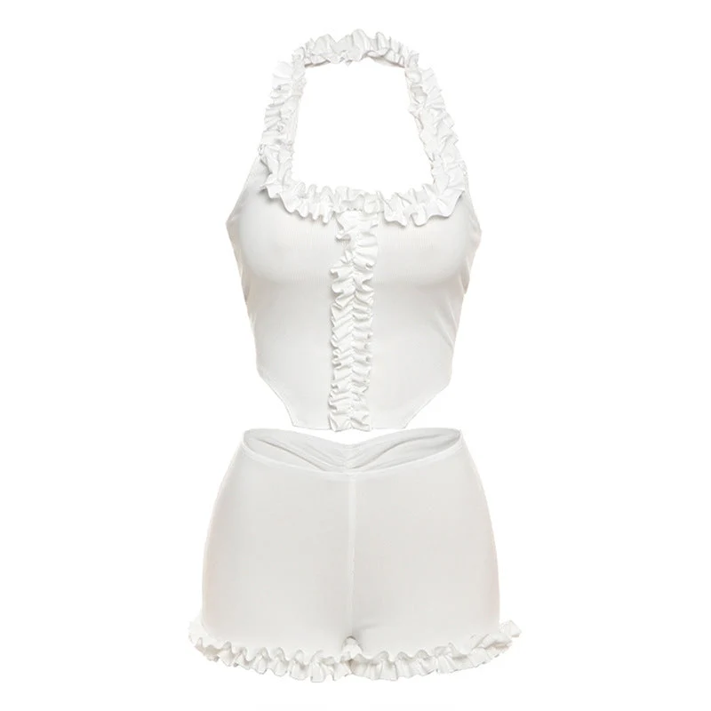Fairycore haltertop met ruches en korte broek set
