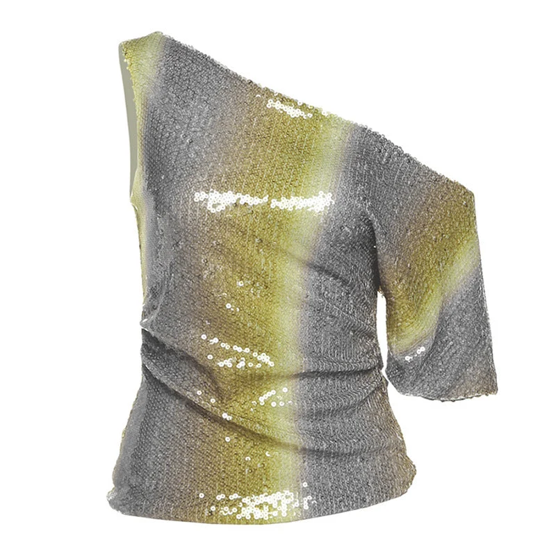 Glittertop met één schouder en contrast