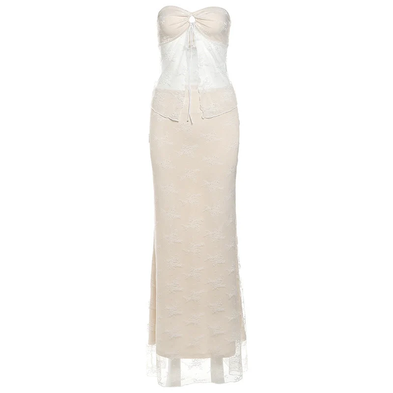 Fairycore crop maxi rok set met sweetheart-halslijn en kant