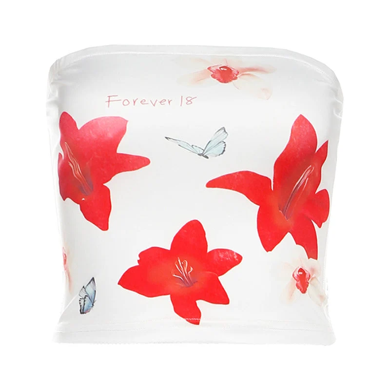 Contrasterende tubetop met bloemenprint en open rug