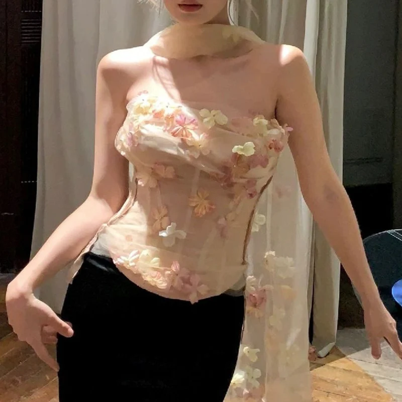 Fairycore flower applique backless tube top