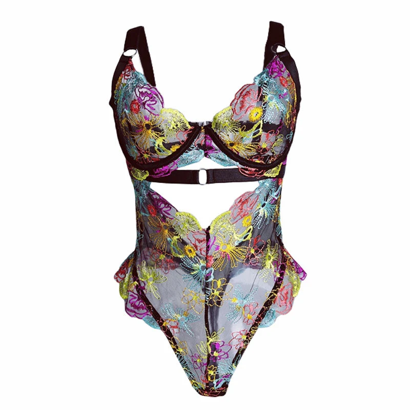 V-hals uitgehold borduurwerk cami bodysuit