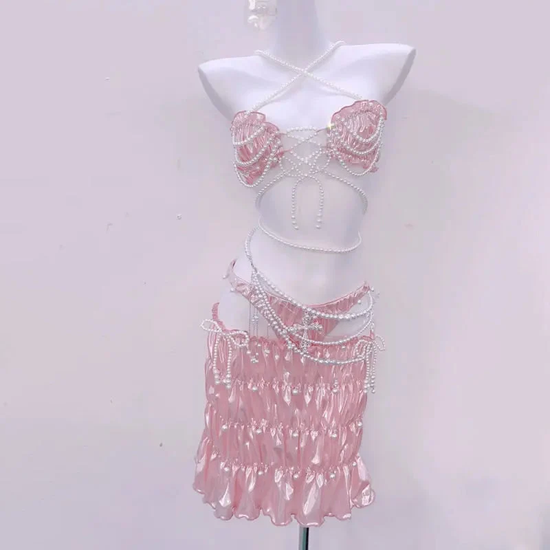 Fairycore halter bowknot beaded mini skirt set
