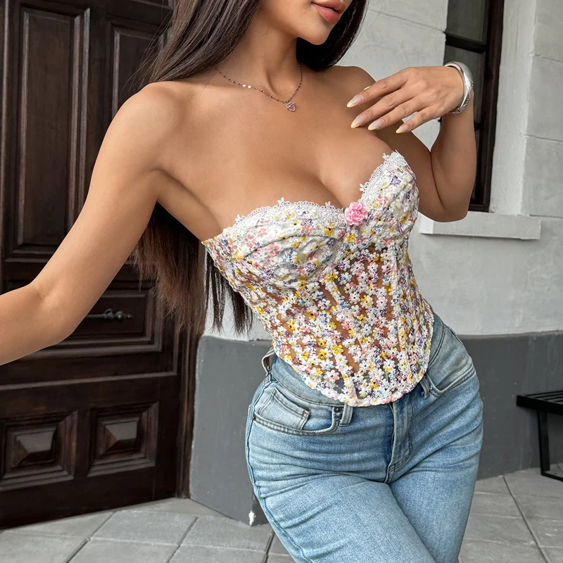 Sweetheart hals bloemen applicatie korset veter top