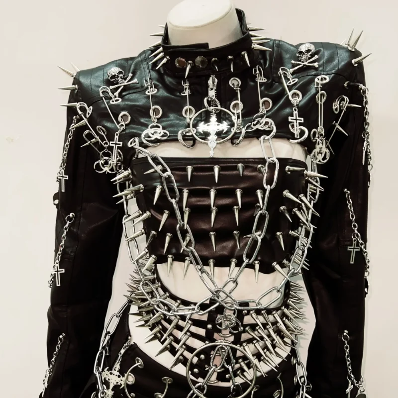 Goth long sleeve rivet PU leather o ring metal chain belt top