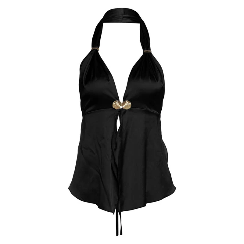 Grunge halter shell applique backless top