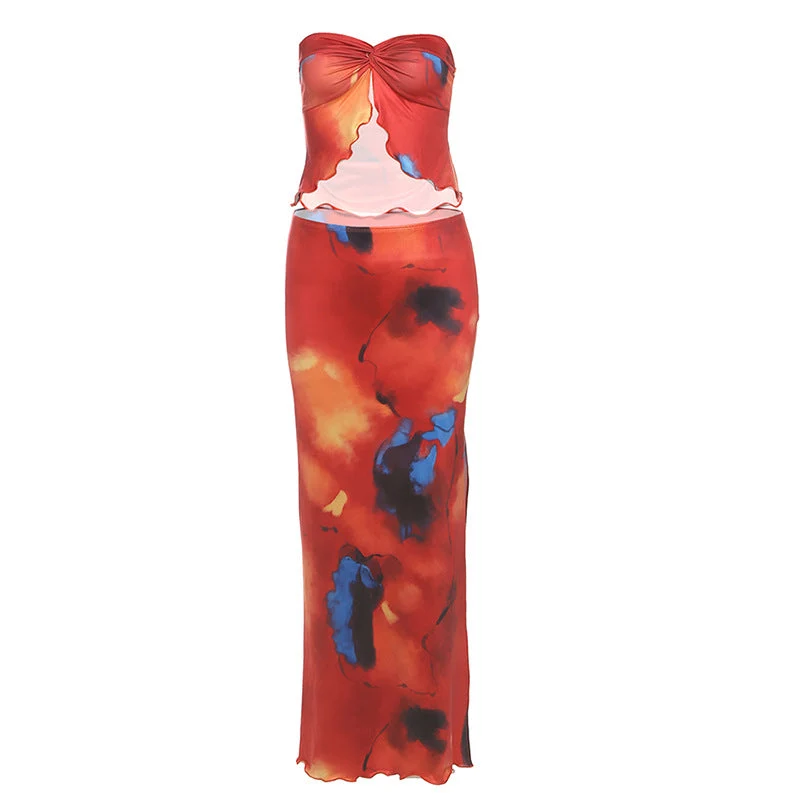 Fairycore maxi-rok met contrasterende ruches en split