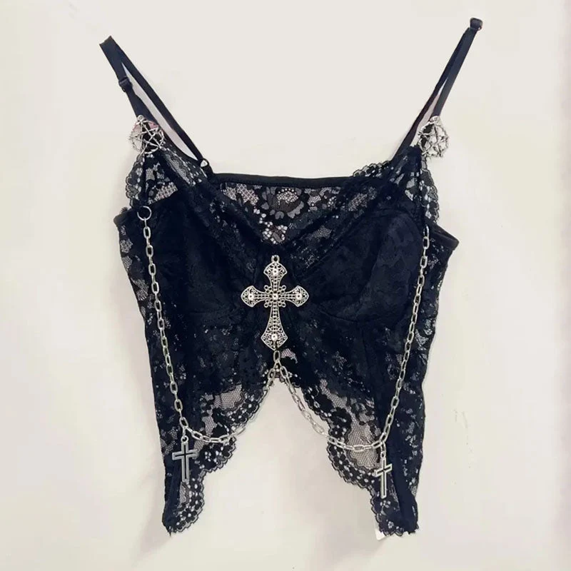 Cami-top met metalen ketting, kanten zoom, V-hals en open rug