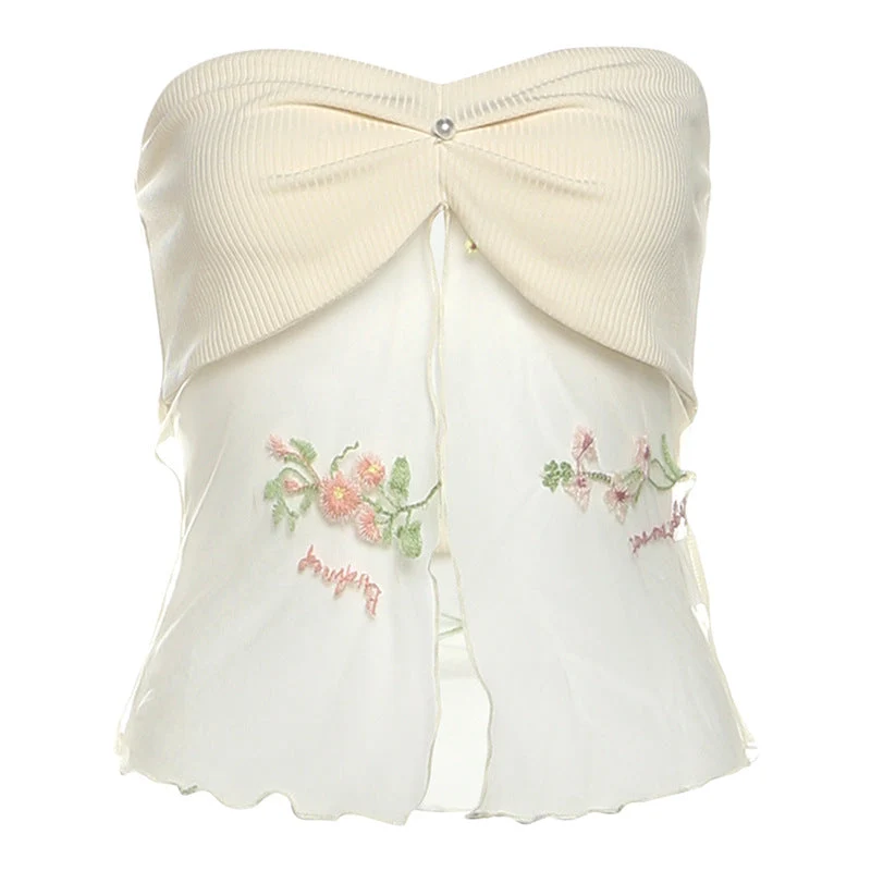 Gotische, met kralen versierde, geplooide mesh tube top