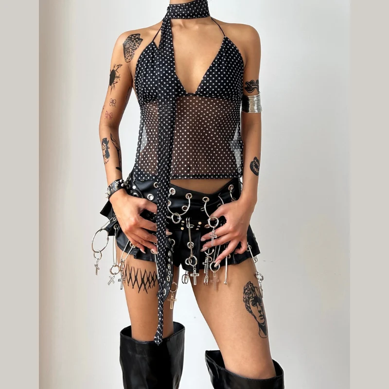 Goth polka dot v neck halter mesh top