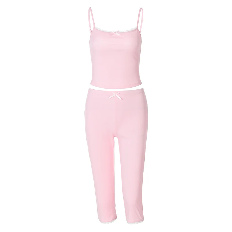 Fairycore lace hem bowknot ribbed pant set