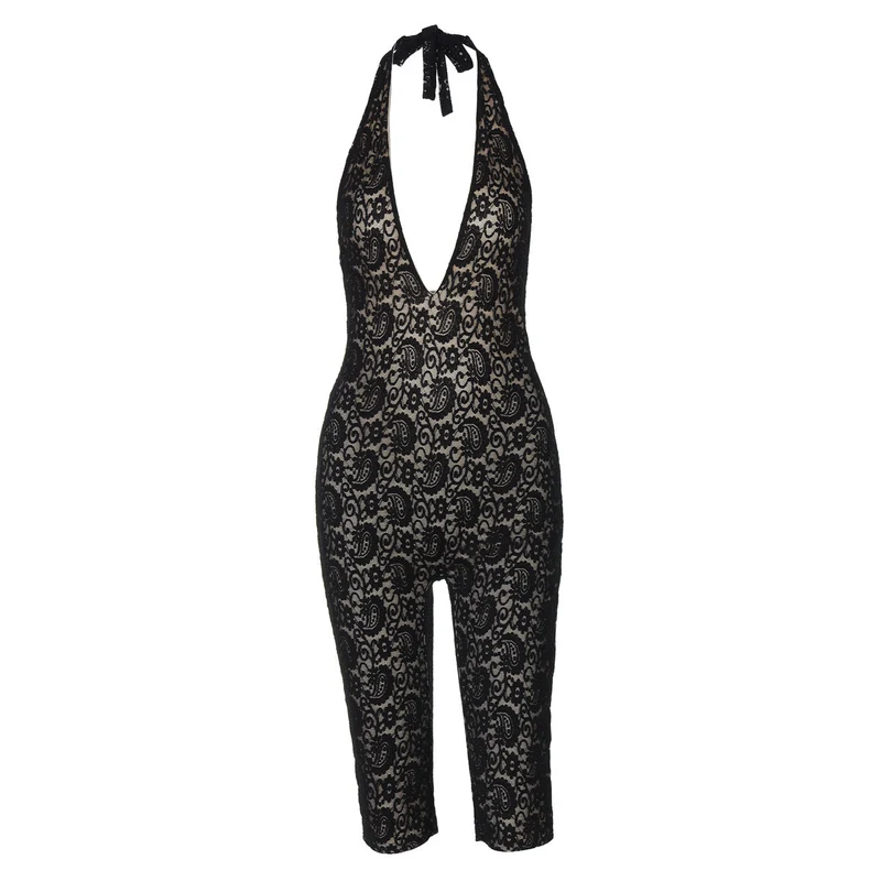 Halter romper met zelfstrik, V-hals, kant en open rug