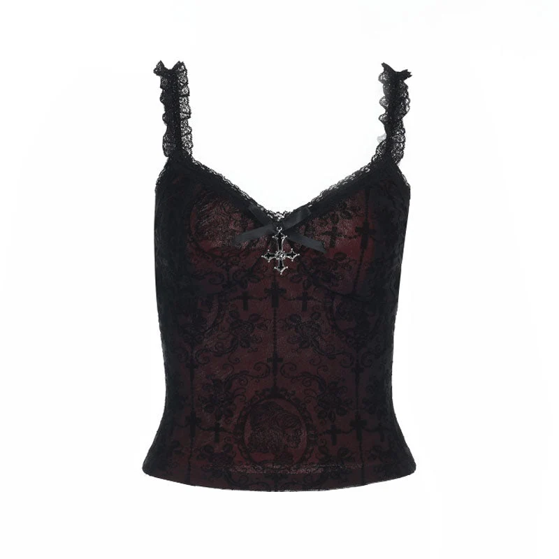 Cami-top met kanten zoom en v-hals met strikprint