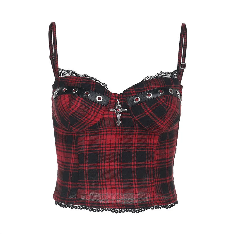 Fairycore geruite gewatteerde cami top met smockwerk