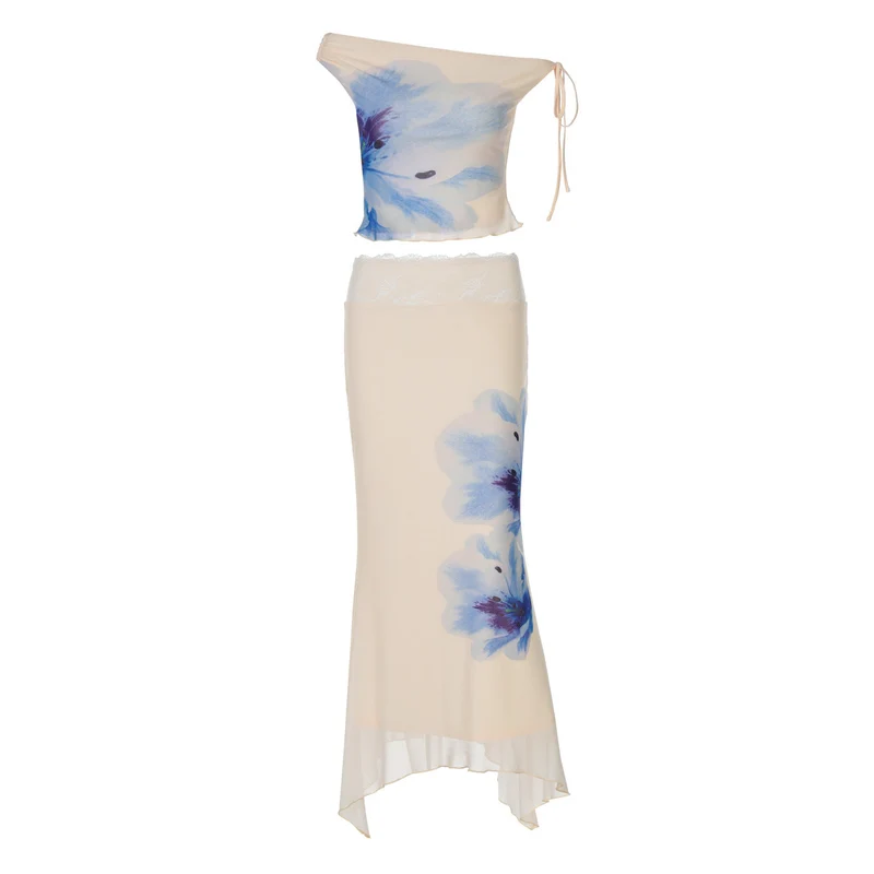 Set van maxi-rok met off-shoulder bloemenprint en kanten zoom
