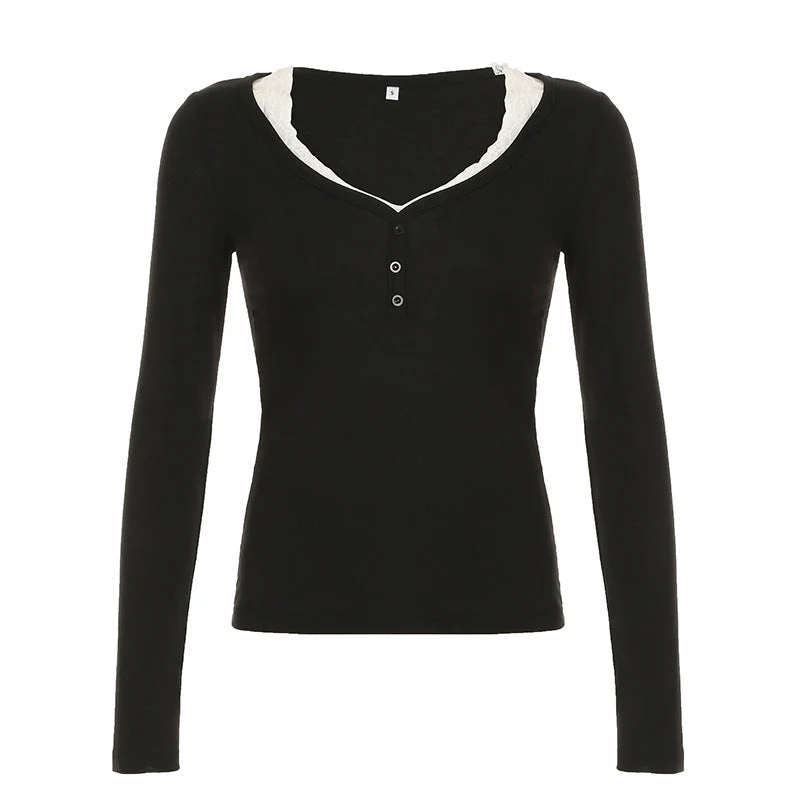 Fairycore v neck long sleeve lace hem top